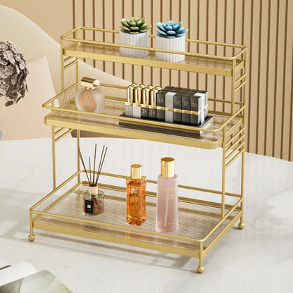 Luxury 3-Tier Gold Display Rack Multipurpose Metal Organizer for Dessert, Makeup Stand Cosmetic Storage Rack Perfume & Cosmetics