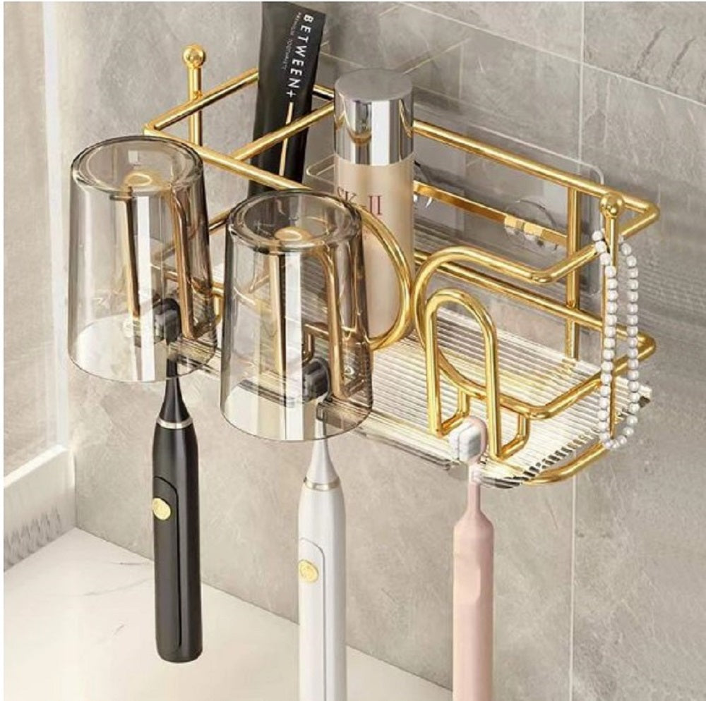 Luxury Wall-Mounted Toothbrush Holder – Self-Adhesive Bathroom Storage Rack – Anti-Dust & Punch-Free Organizer.