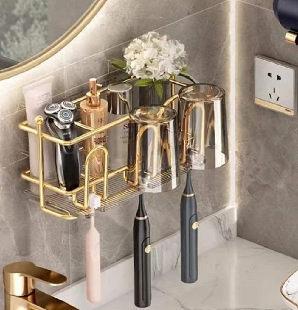 Luxury Wall-Mounted Toothbrush Holder – Self-Adhesive Bathroom Storage Rack – Anti-Dust & Punch-Free Organizer.