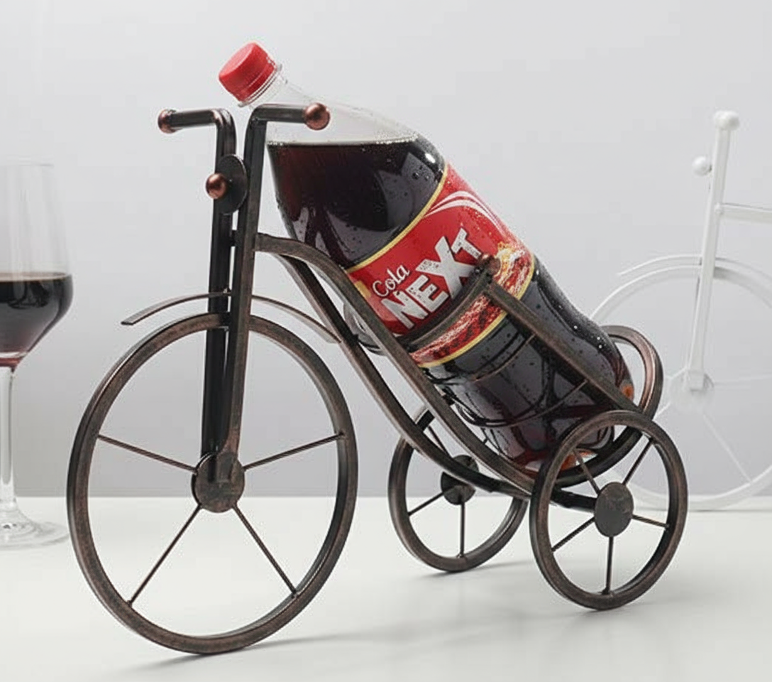 Bronze Metal Artistic Bicycle Drink Holder Stand cradling a cold drink bottle on a white dining table in Pakistan