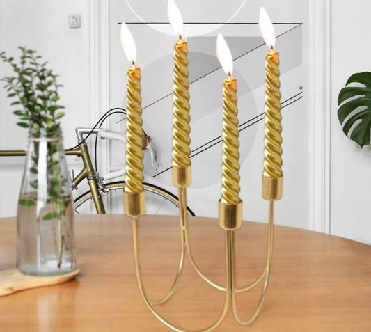 Luxury Home Decor Karachi 4-Arm Golden Candle Stand, Elegant Metal Candelabra Centerpiece for Dining Table and Wedding Decor.