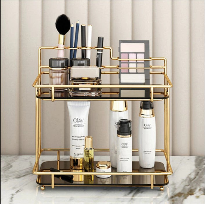 2-Tier Premium Vanity Organizer – Shiny Gold Frame with Integrated Makeup Brush Holder – Luxury Black Marble Base.