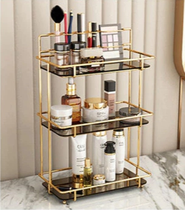 Luxury 3-Tier Shiny Gold Cosmetic Organizer – Premium White Acrylic Vanity Rack with Brush Holder – Multi-Purpose Skincare & Perfume Display for Home & Resellers