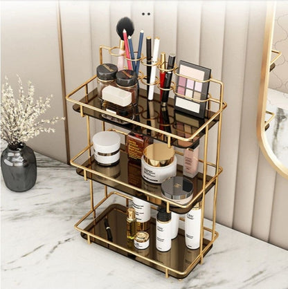Luxury 3-Tier Shiny Gold Cosmetic Organizer – Premium White Acrylic Vanity Rack with Brush Holder – Multi-Purpose Skincare & Perfume Display for Home & Resellers