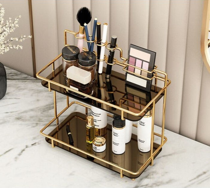 2-Tier Premium Vanity Organizer – Shiny Gold Frame with Integrated Makeup Brush Holder – Luxury Black Marble Base.