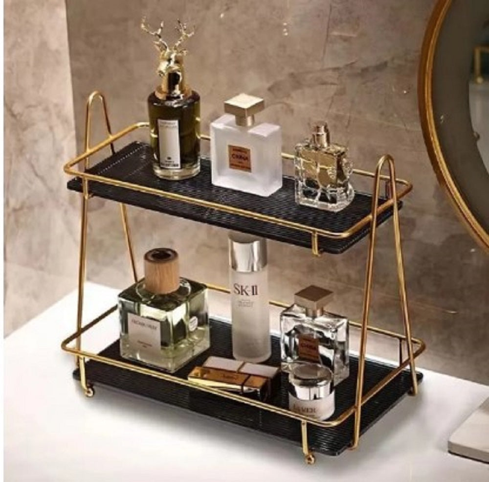 Luxury 2-tier gold dessert display stand and perfume organizer rack for home decor.