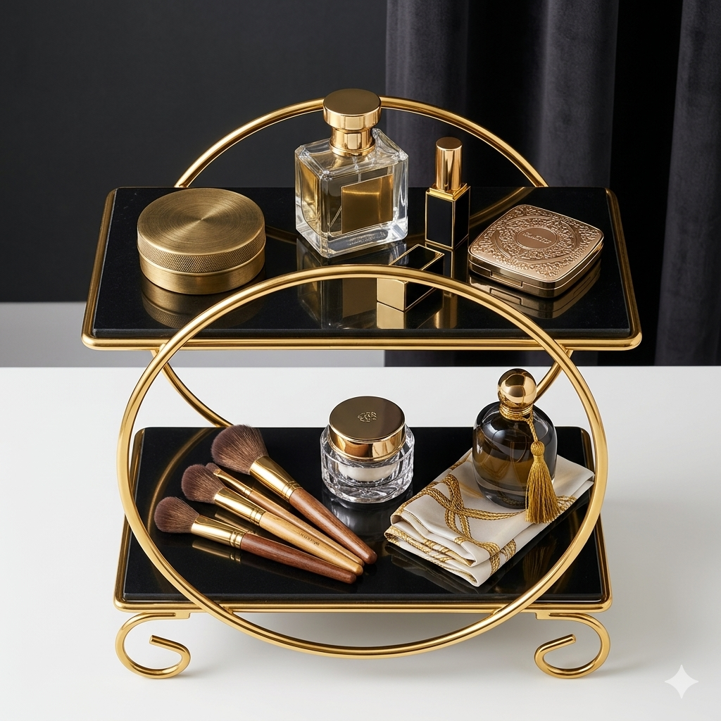 Luxury 2-tier gold dessert display stand and perfume organizer rack for home decor.