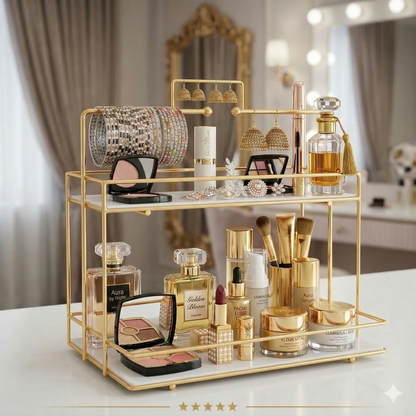 Makeup and Bangles Display Stand Luxury Rectangular Gold Serving Tray with Premium White Acrylic Base, Elegant Handcrafted Metal Organizer for Kitchen, Dining, and Home Decor.
