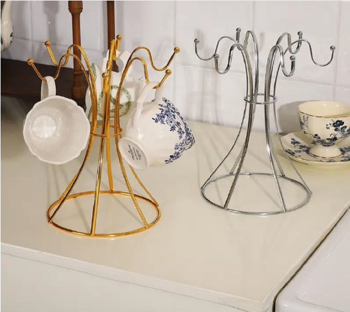 Gold cup holder, metal mug tree, kitchen countertop organizer, iron tea cup stand, luxury coffee mug rack, golden wire rack storage, elegant dining tableware accessories, space saving cup hanger, shiny gold kitchen display, premium cafe mug tree, metallic wire cup tree, restaurant tabletop dish utilities, minimalist coffee bar organizer, multi hook cup hanger, dinner party serving accessories, stable base mug holder, luxury household organizers, boutique hotel tea utilities, decorative gold wire centerpiece