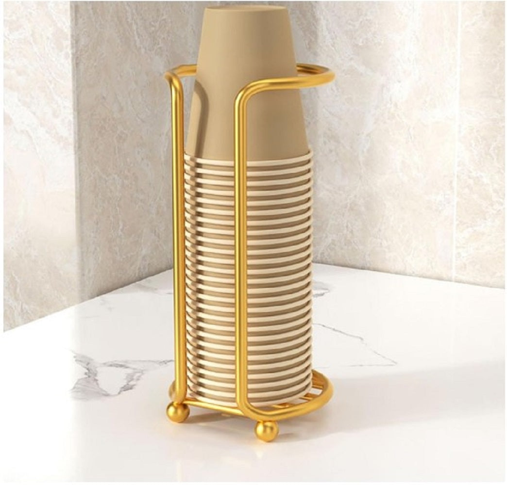 Gold Metal Paper Cup Dispenser Cup Holder standing next to a water dispenser on an office counter in Pakistan