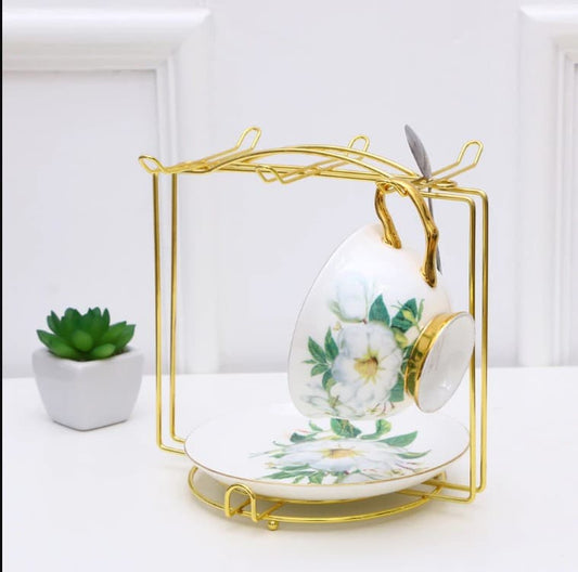 Golden cup stand, luxury tea set rack, square metal mug holder, gold plated saucer rack, kitchen organizer gold, elegant cup hanger, tabletop tea organizer, luxury kitchen decor, 6 hook mug stand, premium dish rack, gold wire tea holder, modern kitchen accessories, bridal gift tea stand, tea party organizer, stylish mug rack, metal cup display, decorative saucer holder, gold finish rack, coffee mug stand, high quality tea organizer.