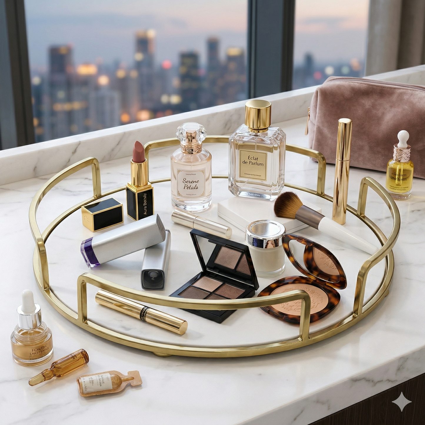 Makeup Organizer, Luxury Round Golden Organizer Tray with Premium Black Acrylic Base, Elegant Metal Vanity Tray for Perfume, Makeup, and Jewelry Display