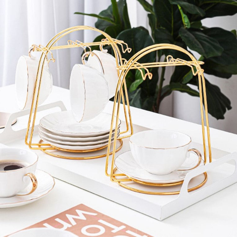 Decore Whole Sale metal cup and saucer stand with 6 hooks, designed for organizing tea sets and food platters in the kitchen.