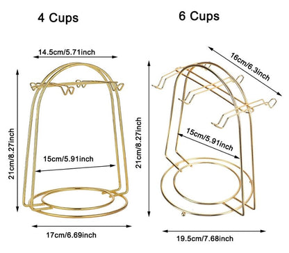 Luxury metal cup and saucer stand with 6 hooks, ideal for organizing tea sets and food platters in a stylish kitchen display.