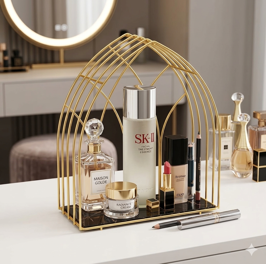 uxury gold birdcage makeup organizer and premium perfume display rack for dressing table vanity.