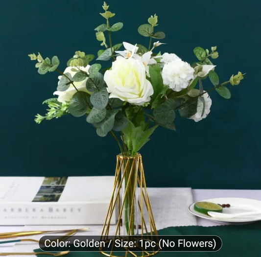 Gold wire flower vase, geometric metal planter stand, tabletop test tube vase, nordic style iron wire frame, luxury gold line vase, minimalist glass propagation station, modern living room centerpiece, elegant desk plant holder, shiny gold hydroponic vase, luxury dining table decor pakistan, geometric iron vase structure, creative wire vase centerpiece, small indoor flower container, boutique cafe table styling props, simple pampas grass holder, aesthetic metal line planter, apartment room decoration access