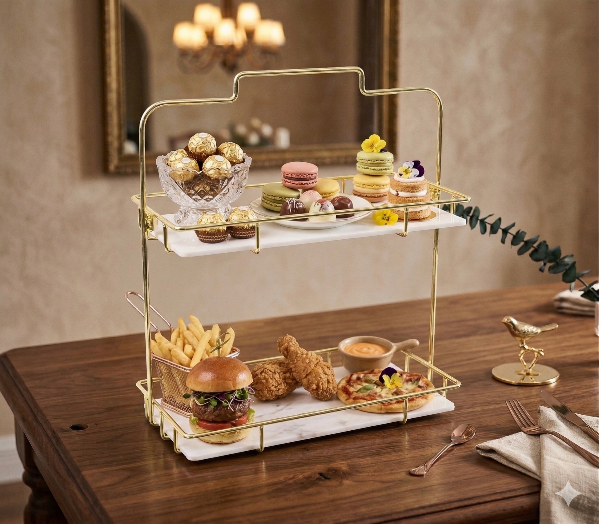 Dining Table Decor Luxury 2-Tier Golden Organizer Rack with Acrylic Base for Cosmetic and Bathroom Storage.