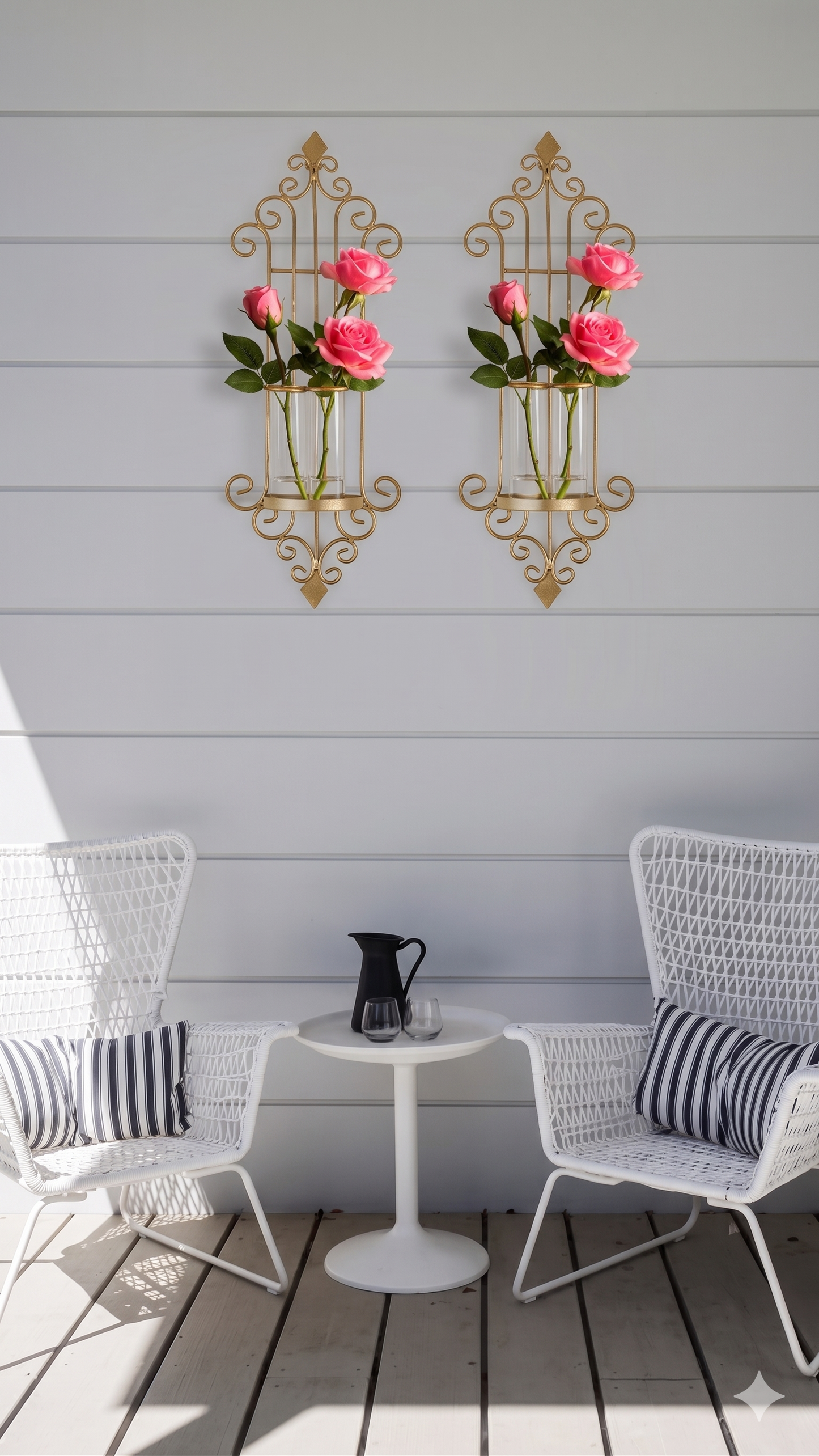Elegant gold metal floral sconces mounted next to bathroom mirror for a royal interior look