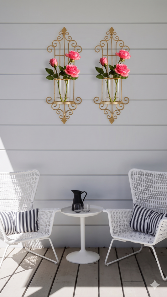 Elegant gold metal floral sconces mounted next to bathroom mirror for a royal interior look