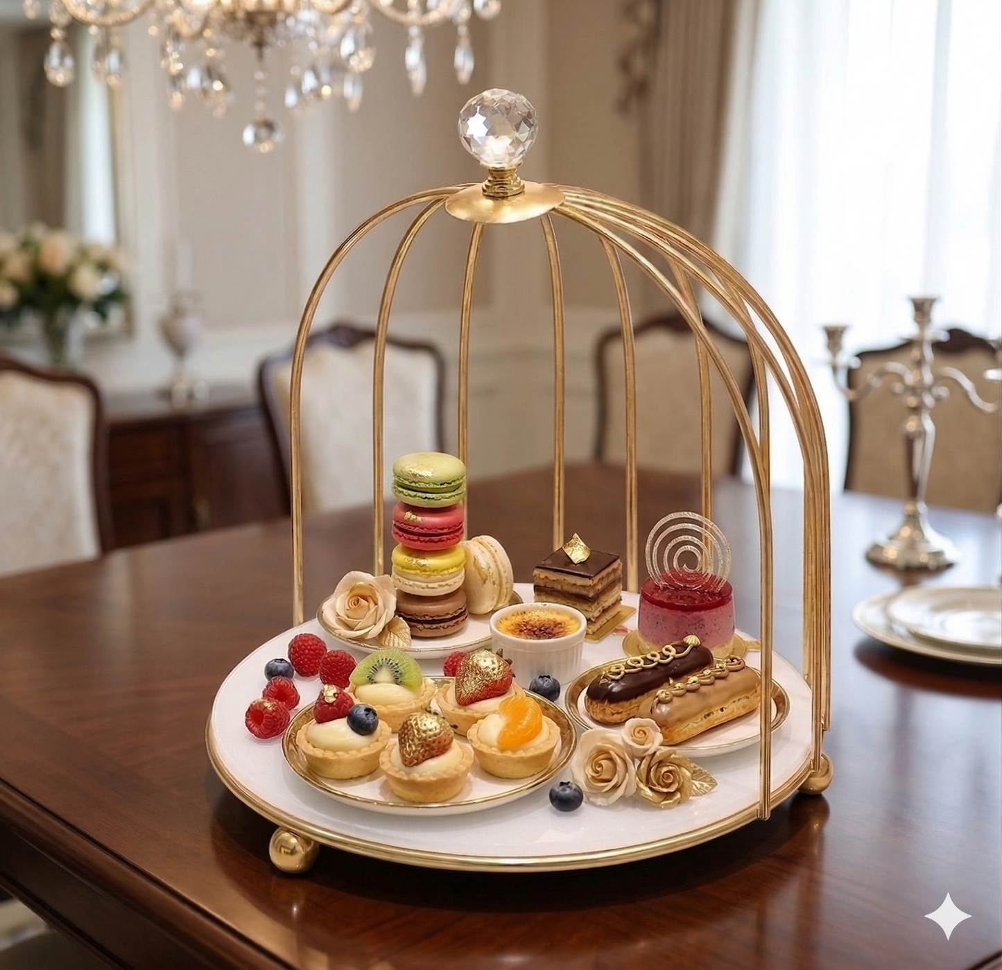 2tier Luxury Golden Birdcage Cosmetic Organizer – Premium Metal Makeup & Perfume Display Stand with White Marble Acrylic Base