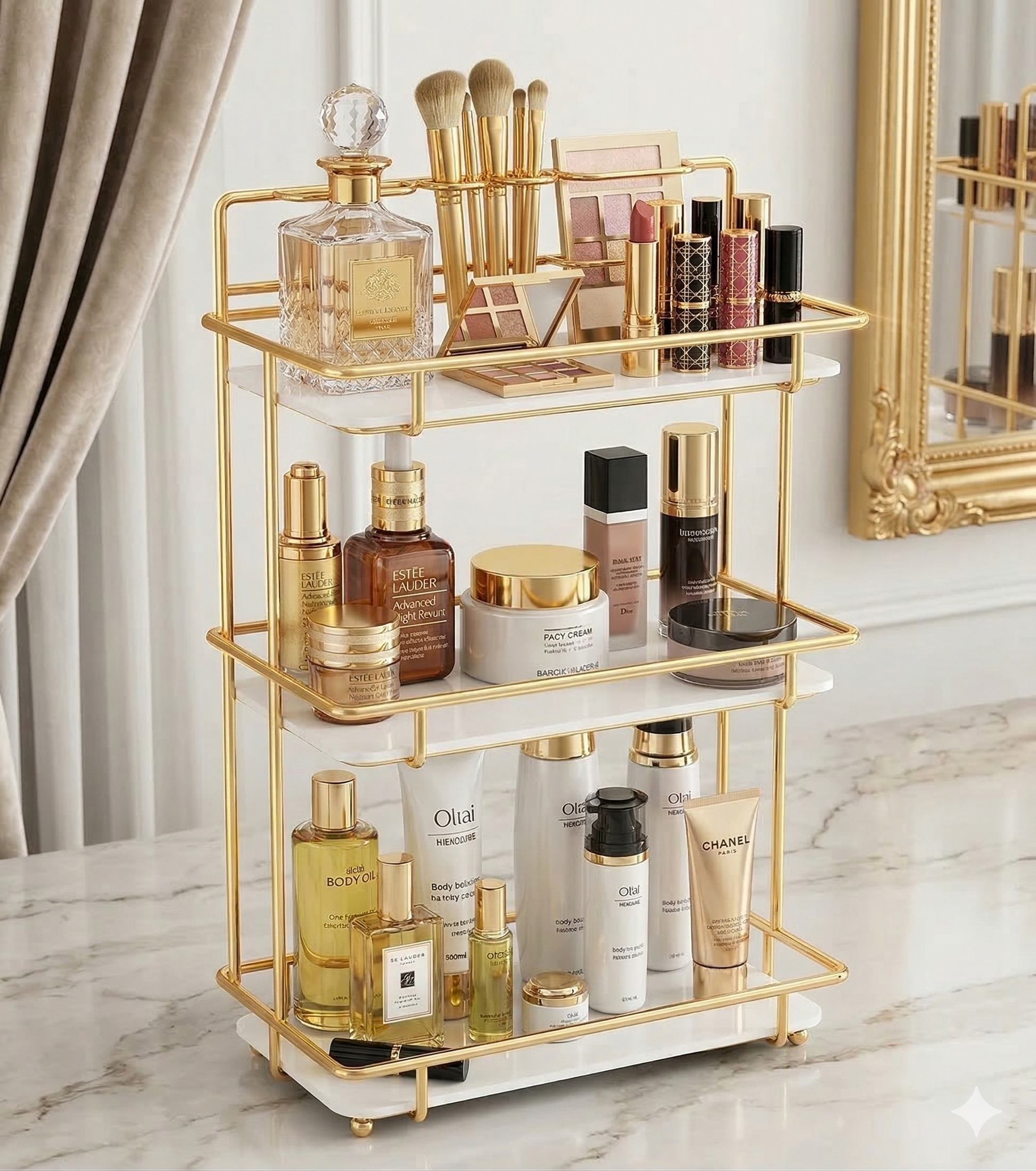 Luxury 3-Tier Shiny Gold Cosmetic Organizer with Premium White Acrylic Trays, Elegant Triple-Layer Metal Makeup Rack and Vanity Storage Organizer for Dressing Table.