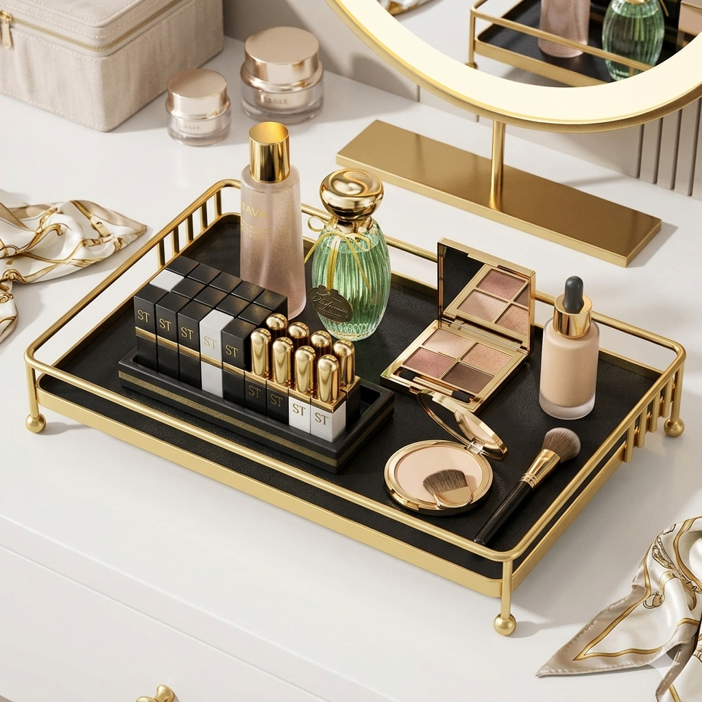 Luxury 1-Tier Gold Display Rack - Multipurpose Metal Organizer fLuxury Gold Multipurpose Organizer Rack – Premium Metal Mirror Tray for Makeup, Perfumes, Kitchen Spices & Bathroom Essentials – Rust-Proof Stylish Countertop Storage Shelf