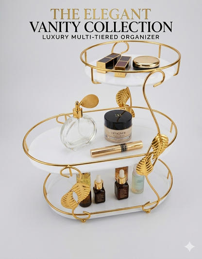 3-Tier Luxury Makeup Organizer Storage Rack with gold metal leaf frame holding cosmetics and perfumes on a vanity table in Pakistan
