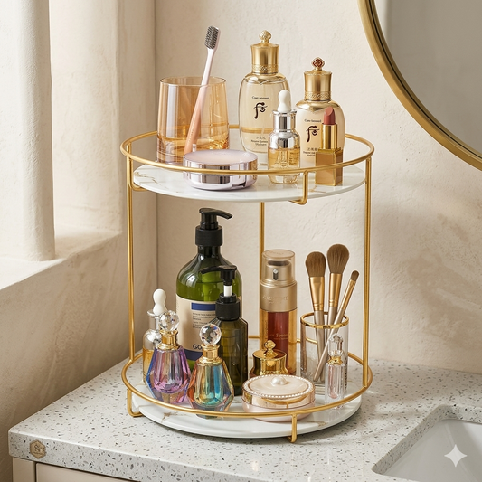 Double-deck jewelry and cosmetic storage tray by Decore Whole Sale with multiple compartments for organizing jewelry and cosmetics.