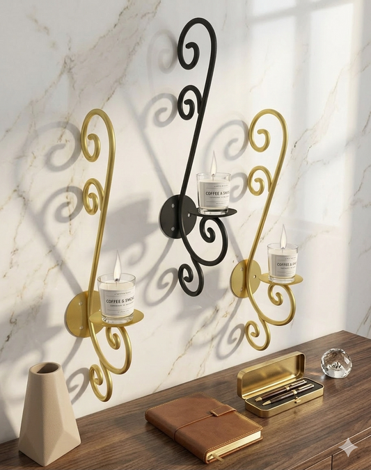 3PC Luxury Wall Mounted Candle Holder Set with Elegant S-Curve Design, Premium Metal Wall Sconce for Living Room and Bedroom Decor, Dual-Tone Gold and Black Finish.