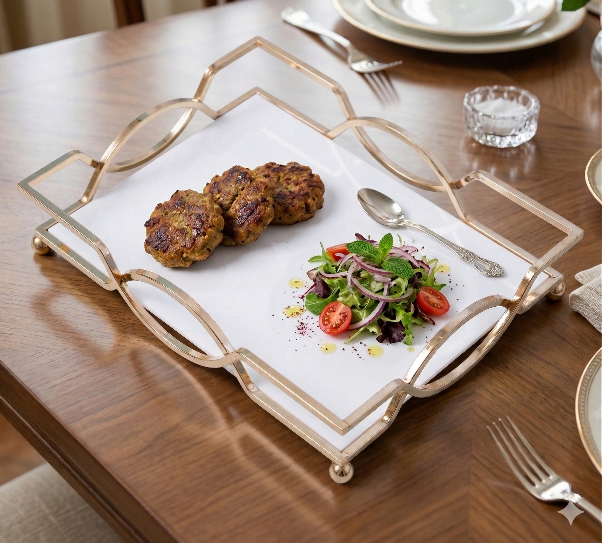 Luxury Golden Serving Tray with White Acrylic Base for Dining Table Decor, Premium Food Display Platter for Guests