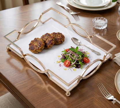 Luxury Golden Serving Tray with White Acrylic Base for Dining Table Decor, Premium Food Display Platter for Guests
