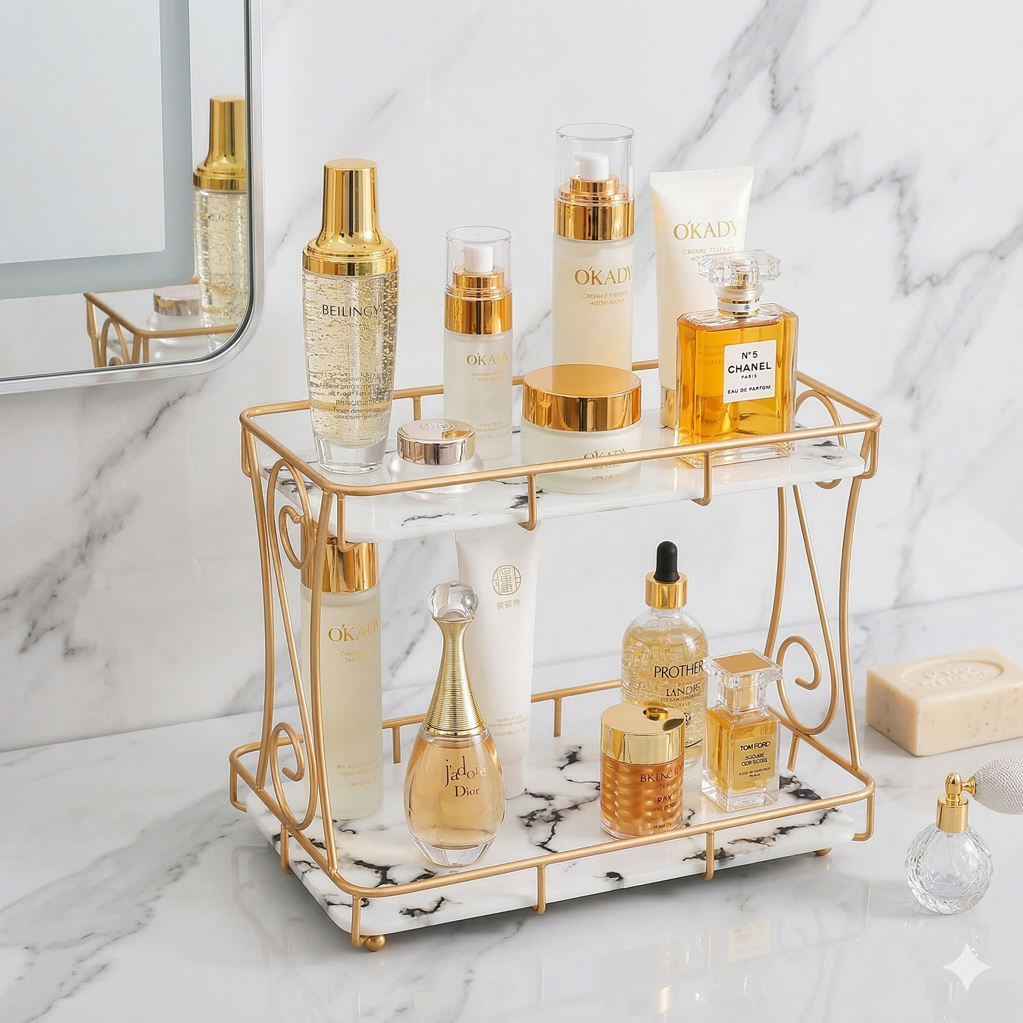 Luxury 2-Tier Rectangular Vanity Rack – Shiny Gold Frame with Side Spiral Design – Premium Black Marble Base Organizer.