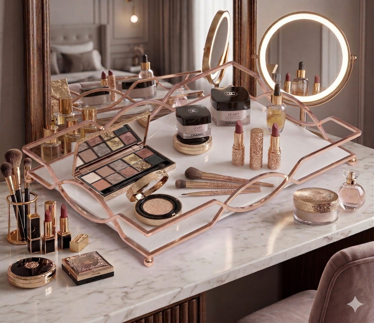Luxury Gold Vanity Tray with – Elegant Makeup, Perfume & Jewelry Organizer for Dressing Table