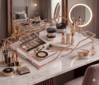 Luxury Gold Vanity Tray with – Elegant Makeup, Perfume & Jewelry Organizer for Dressing Table