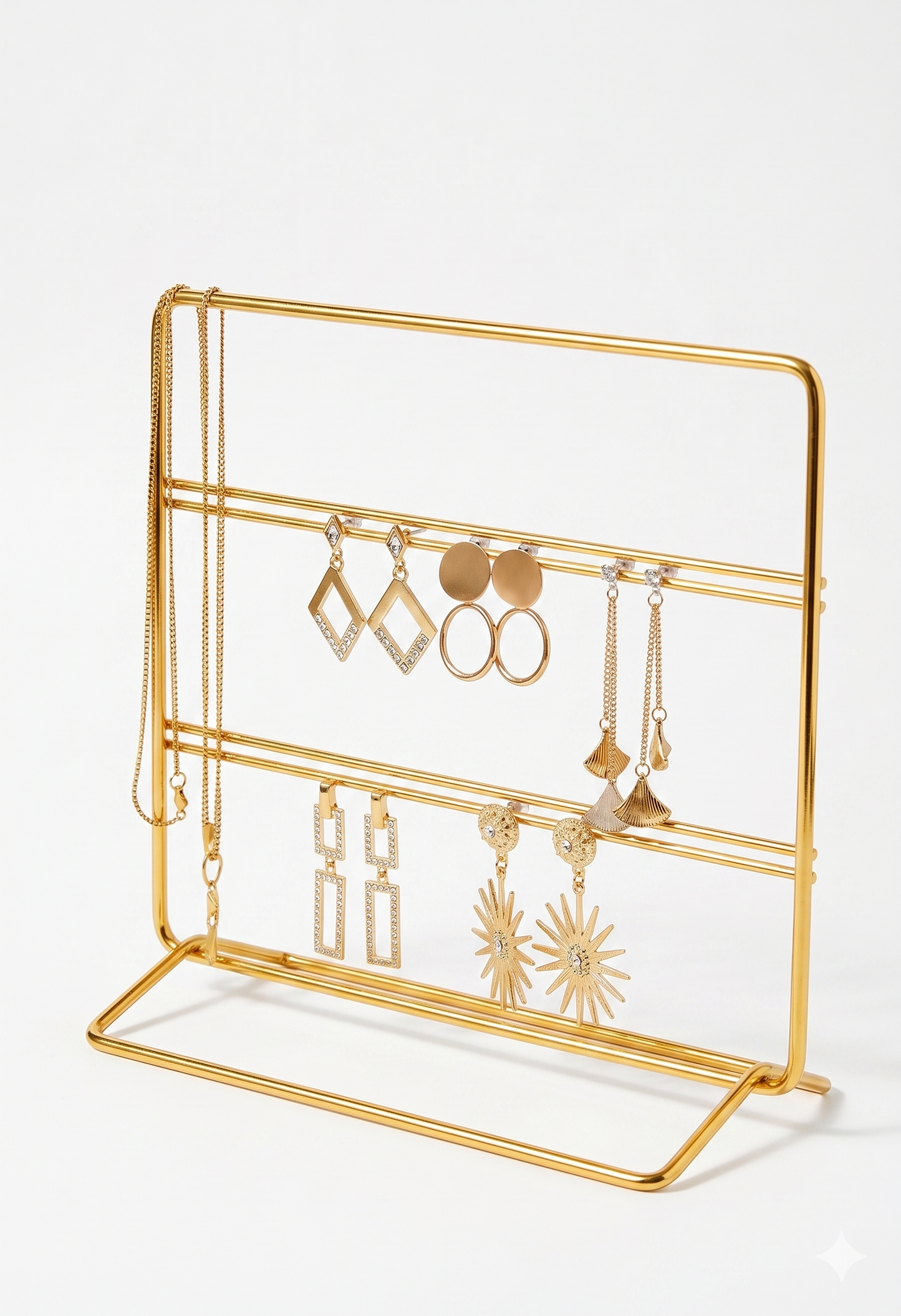 Golden earring organizer, multi tier jewelry rack, earring display stand pakistan, jewelry storage rack, metal earring holder, studs and dangles organizer, luxury vanity accessories, aesthetic jewelry stand, sasta earring rack wholesale, dropshipping jewelry products, dressing table organizer, professional jewelry display, hanging earring stand, jewelry shop props wholesale, gift for girls pakistan, modern jewelry holder gold, earring rack price, wholesale jewelry accessories