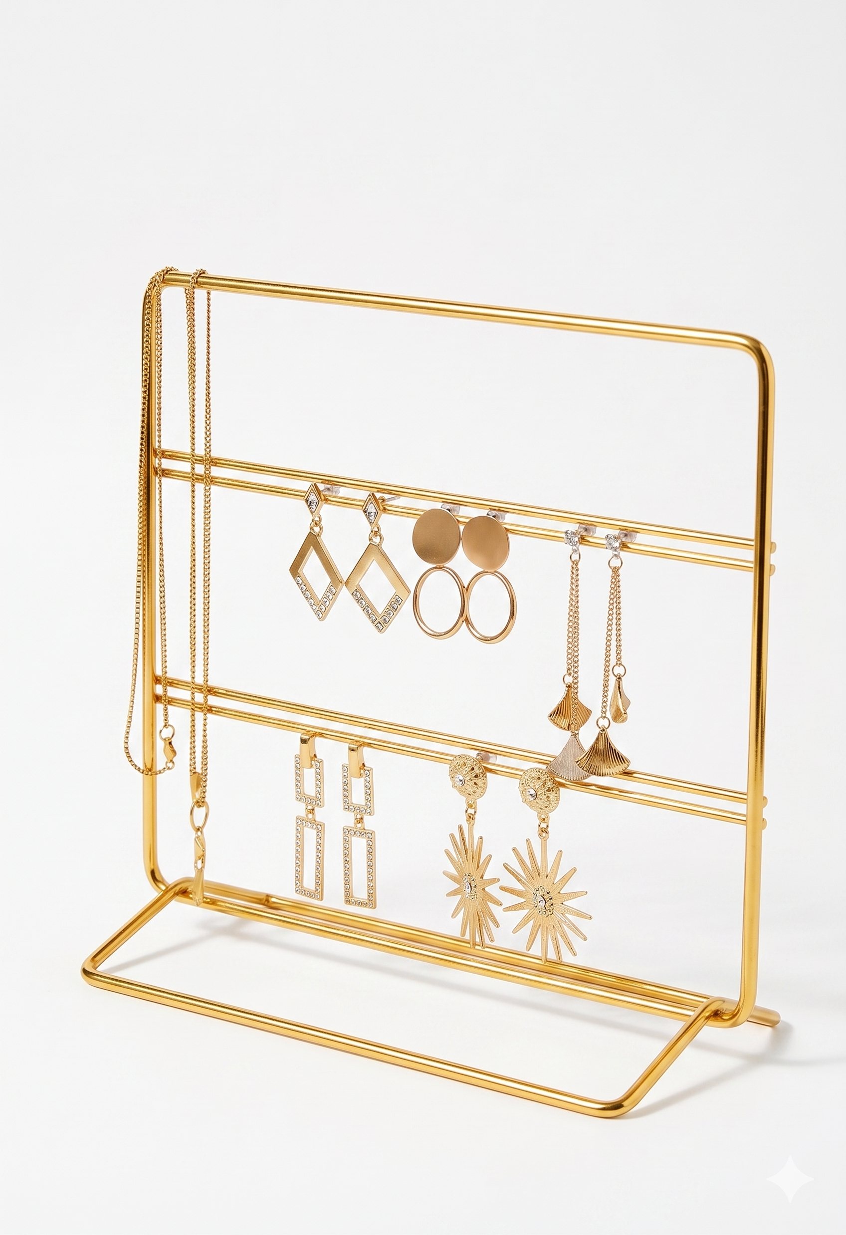 Golden earring organizer, multi tier jewelry rack, earring display stand pakistan, jewelry storage rack, metal earring holder, studs and dangles organizer, luxury vanity accessories, aesthetic jewelry stand, sasta earring rack wholesale, dropshipping jewelry products, dressing table organizer, professional jewelry display, hanging earring stand, jewelry shop props wholesale, gift for girls pakistan, modern jewelry holder gold, earring rack price, wholesale jewelry accessories