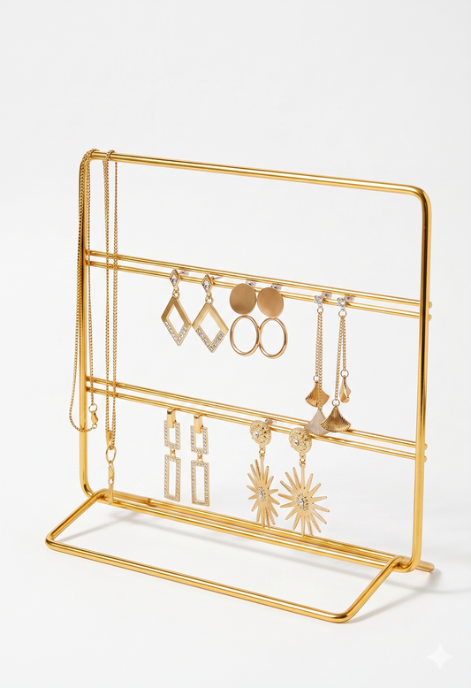 Golden earring organizer, multi tier jewelry rack, earring display stand pakistan, jewelry storage rack, metal earring holder, studs and dangles organizer, luxury vanity accessories, aesthetic jewelry stand, sasta earring rack wholesale, dropshipping jewelry products, dressing table organizer, professional jewelry display, hanging earring stand, jewelry shop props wholesale, gift for girls pakistan, modern jewelry holder gold, earring rack price, wholesale jewelry accessories