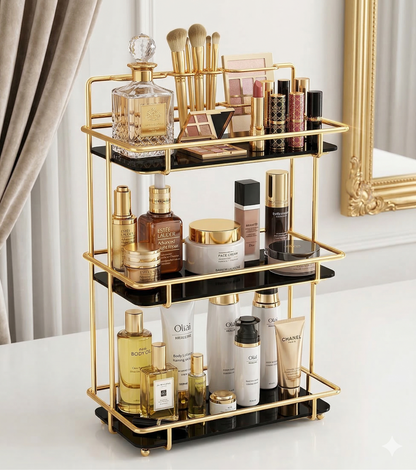 Luxury 3-Tier Shiny Gold Cosmetic Organizer – Premium White Acrylic Vanity Rack with Brush Holder – Multi-Purpose Skincare & Perfume Display for Home & Resellers