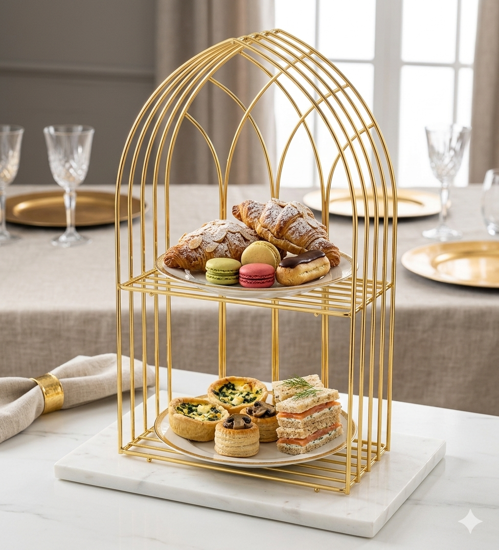 Dressing Table Organser Makeup Rack Luxury 2-Tier Gold Display Rack - Multipurpose Metal Organizer for Dessert, Perfume & Cosmetics