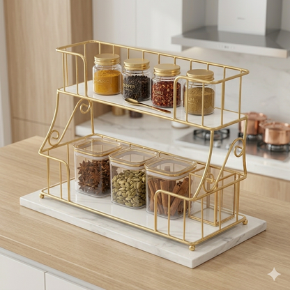 Premium 2-Tier Golden Cosmetic Organizer – Luxury Dressing Table Storage Rack with White Acrylic Base