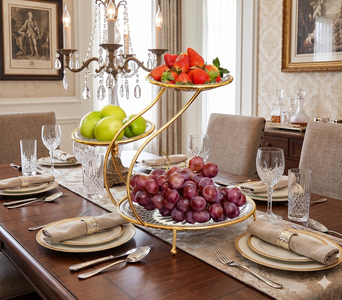 3 tier spiral rack, luxury fruit serving stand, elegant food platter gold, glass plates with gold stand, premium dawat serving dishes, wholesale kitchen organizers