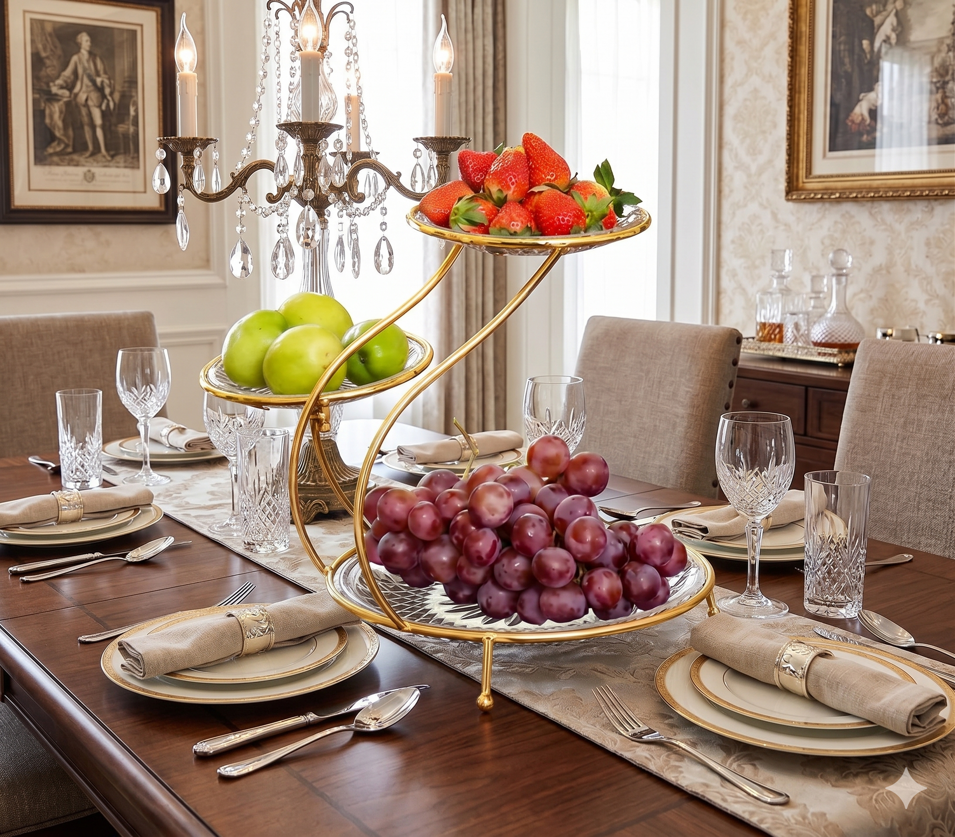 3 tier spiral rack, luxury fruit serving stand, elegant food platter gold, glass plates with gold stand, premium dawat serving dishes, wholesale kitchen organizers