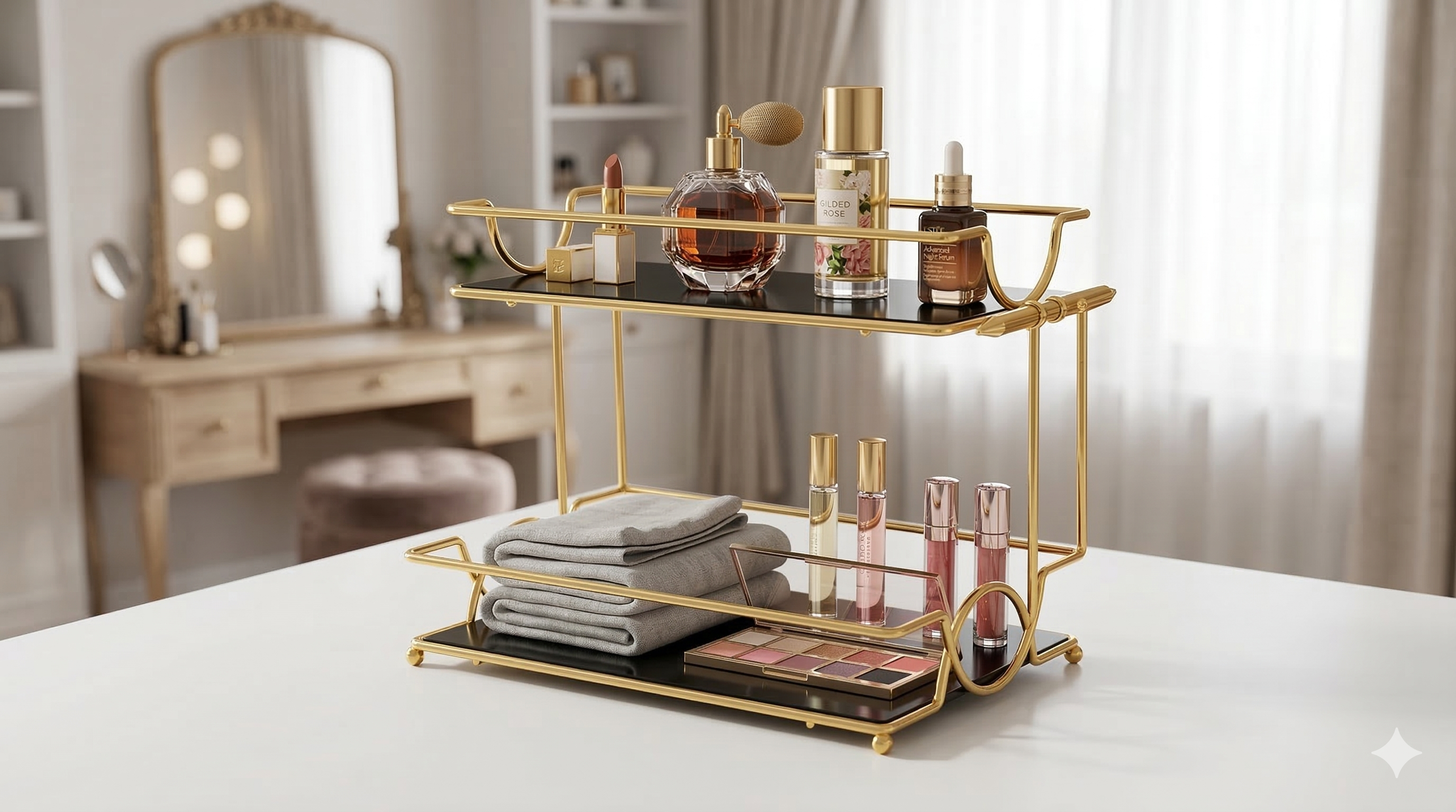 : Luxury 2-Tier Golden Display Rack - Multi-Purpose Aesthetic Organizer for Kitchen & VanityGold Organizer, Tiered Tray, Countertop Storage, Home Decor Aesthetic.