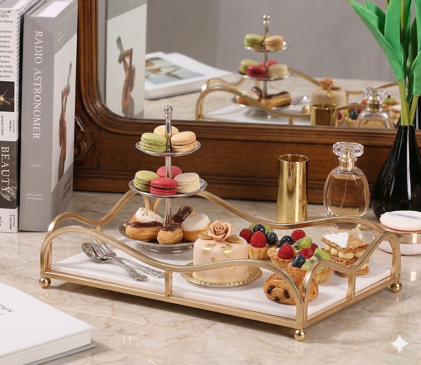 Luxury Gold Vanity Tray with Acrylic Base – Mirror-Finish Single-Tier Makeup, Perfume & Skincare Organizer (