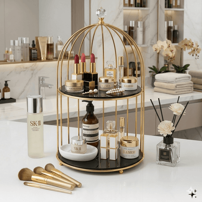Luxury gold 2-tier multi-purpose platter stand by Decore Wholesale, ideal for food displays, desserts, and cosmetic organization.