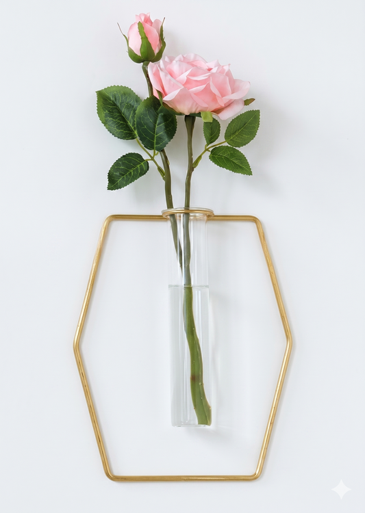 legant gold metal frame with two clear glass bottles for hydroponic plants - Modern tabletop centerpiece.