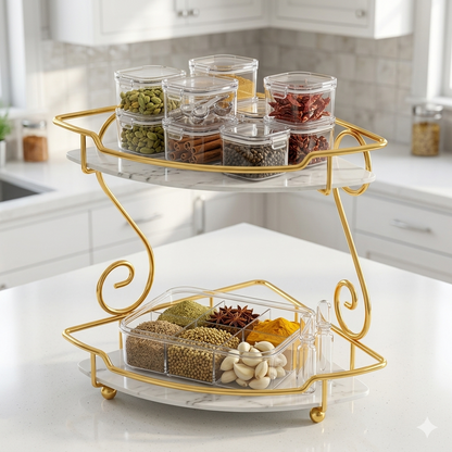Single tier gold corner rack for premium perfume storage

Cosmetic storage shelf for orange and cream dressing table

Fancy single layer corner skincare shelf price in Pakistan

Buy designer cosmetic corner holder stand Lahore (or Karachi/Islamabad)

Unique geometric makeup organizer for orange theme room

Premium quality dressing table corner holder online Pakistan