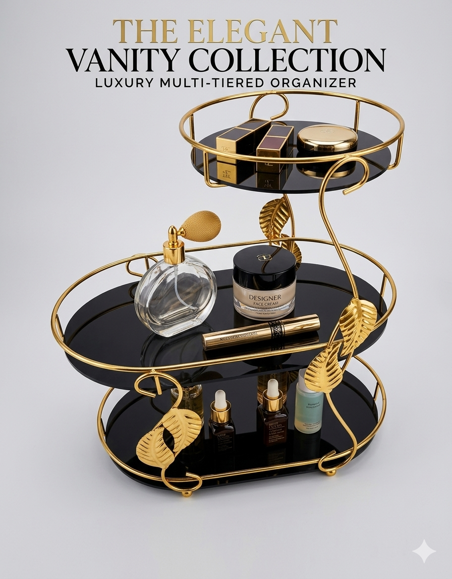 3-Tier Luxury Makeup Organizer Storage Rack with gold metal leaf frame holding cosmetics and perfumes on a vanity table in Pakistan