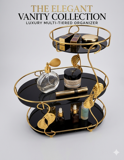3-Tier Luxury Makeup Organizer Storage Rack with gold metal leaf frame holding cosmetics and perfumes on a vanity table in Pakistan