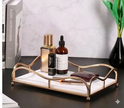 Luxury Gold Vanity Tray with Acrylic Base – Mirror-Finish Single-Tier Makeup, Perfume & Skincare Organizer (